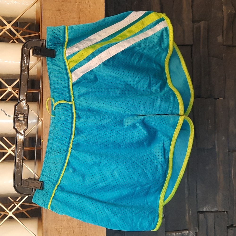 Adidas womens large mesh running athletic teal and neon green shorts